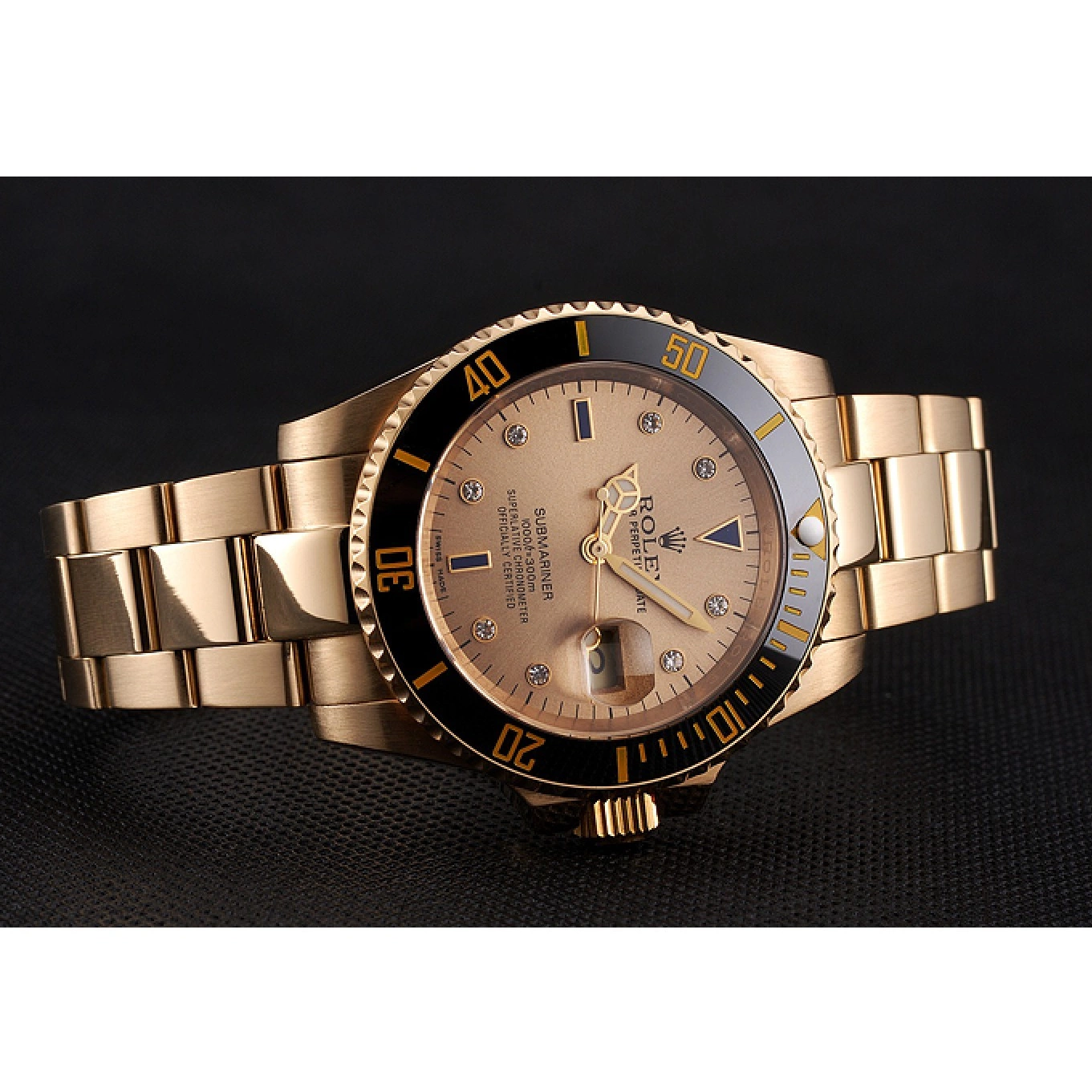 Rolex aaa copy Rolex Case Yellow Swiss Gold Bracelet And Submariner Diamond Markings With Black Dial Bezel Gold 0616